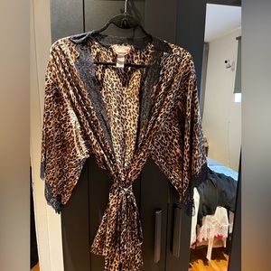 Leopard print with lace trim satin robe